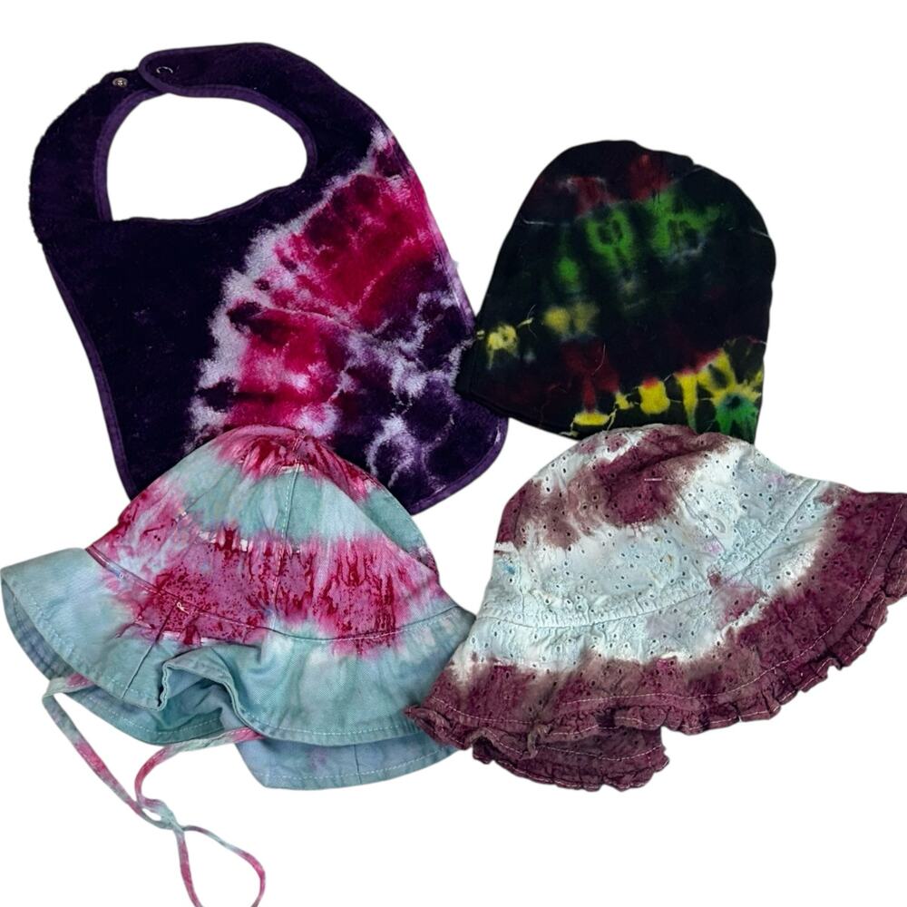 Baby Accessories Bundle Size 0-12 Months Tie Dye Beanie Bucket Hats Bib NWT